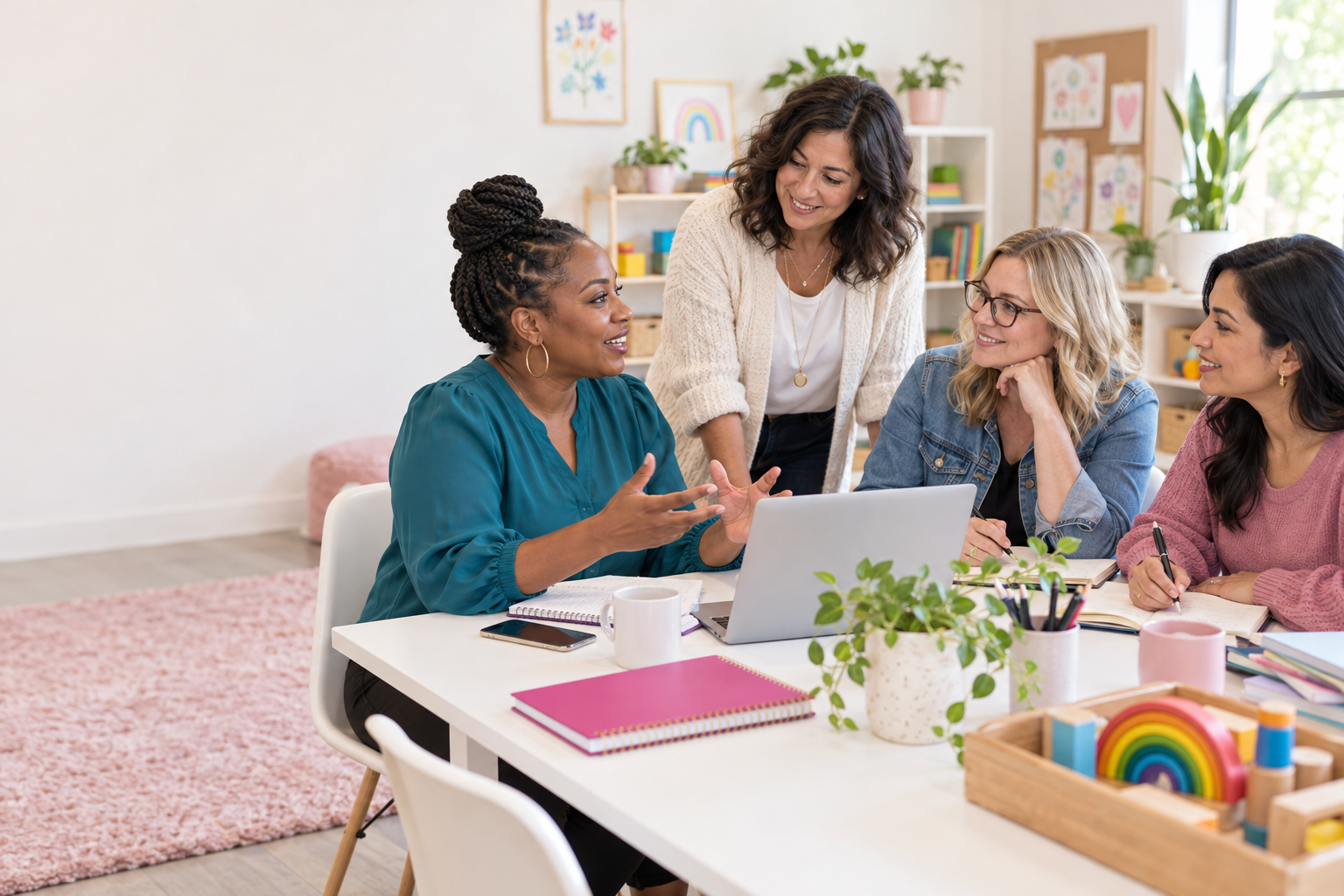 Illustration of preschool professionals sharing ideas around a table